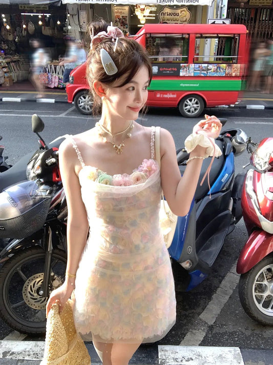 Pink strap 3D flower design slim waist cute short skirt homecoming dress R3891
