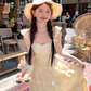 Yellow long small flying sleeve waist suspender dress summer French A-line sweet style skirt R4697