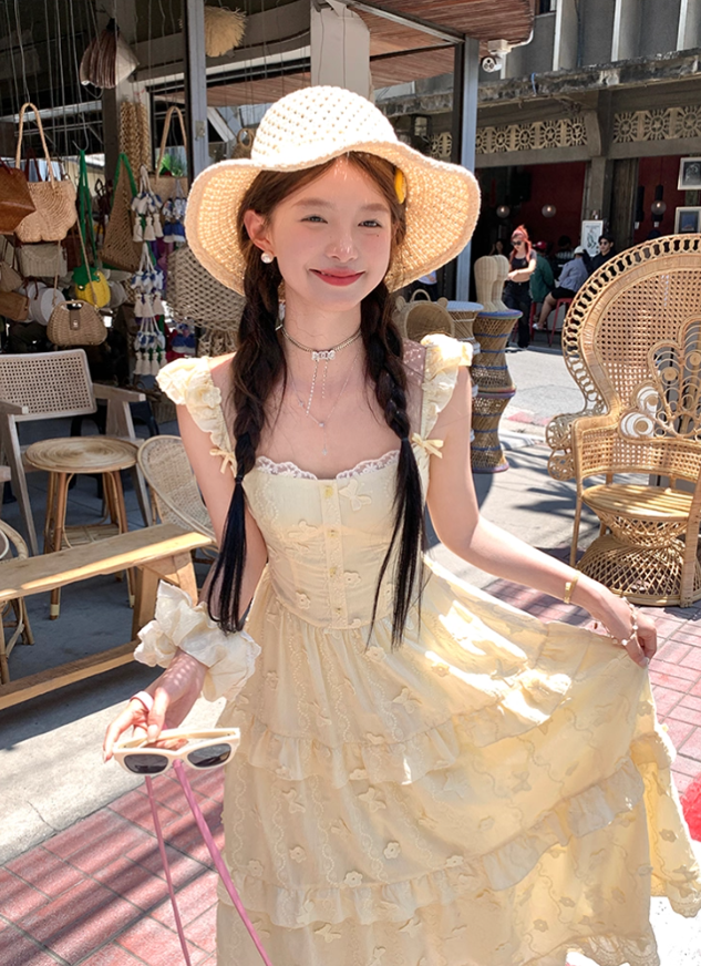 Yellow long small flying sleeve waist suspender dress summer French A-line sweet style skirt R4697