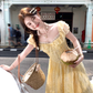 Yellow square neck puff sleeve cake dress summer Korean style age-reducing sweet petite skirt R4665