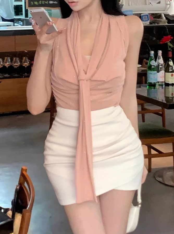 Pure desire style V-neck glitter sleeveless top 2025 hot girl irregular hip skirt suit R1160