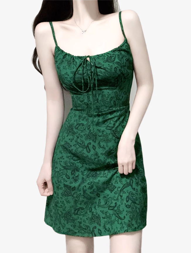 2025 Summer New Retro Sexy Floral Green A-line Short Suspender Dress R0934
