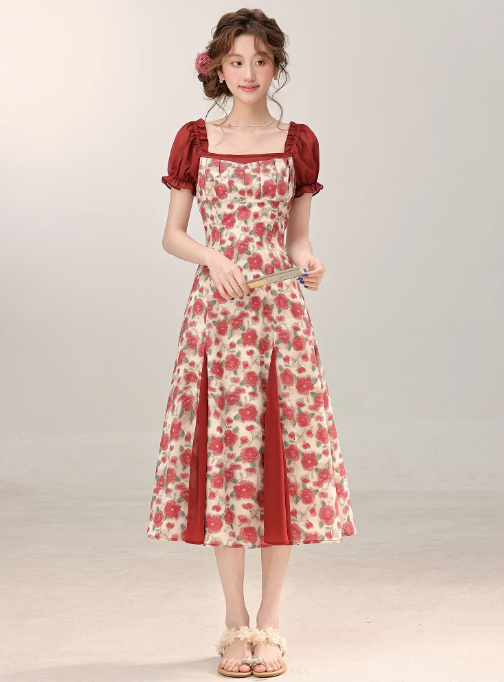 2025 summer new French retro red dress beautiful floral dress R1929