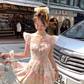 Square neck small flying sleeve waist suspender dress women's summer French skirt R4827