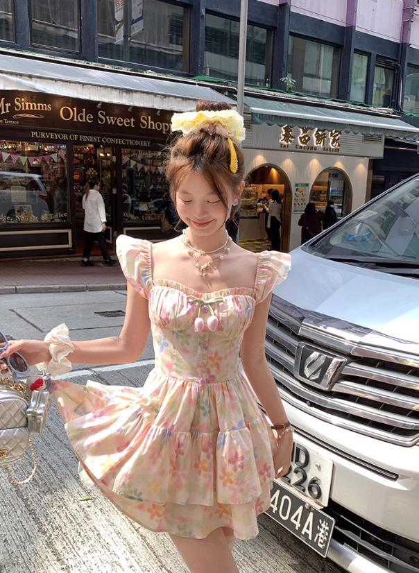 Square neck small flying sleeve waist suspender dress women's summer French skirt R4827