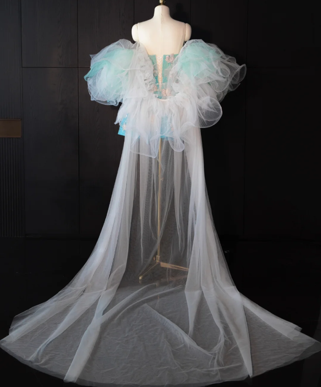 Lake blue gradient pink embroidered tube top waist slimming A-line short skirt homecoming dress R4163