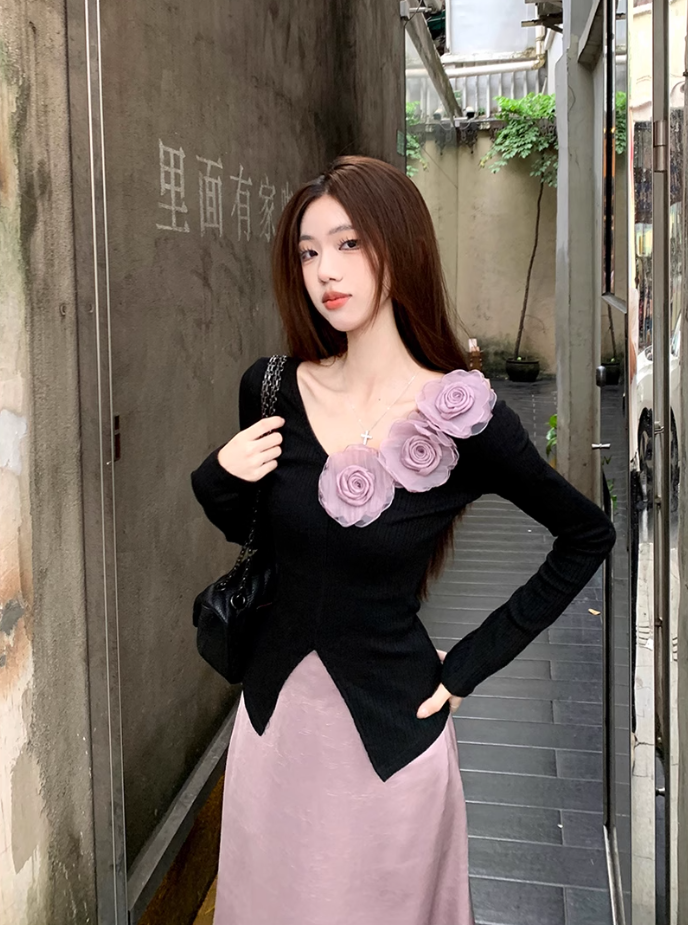 Fairy three-dimensional rose French top high waist A-line skirt gentle outfit two-piece suit R1702