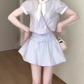 Gentle blue striped short-sleeved dress with elegant waist A-line short skirt R0818