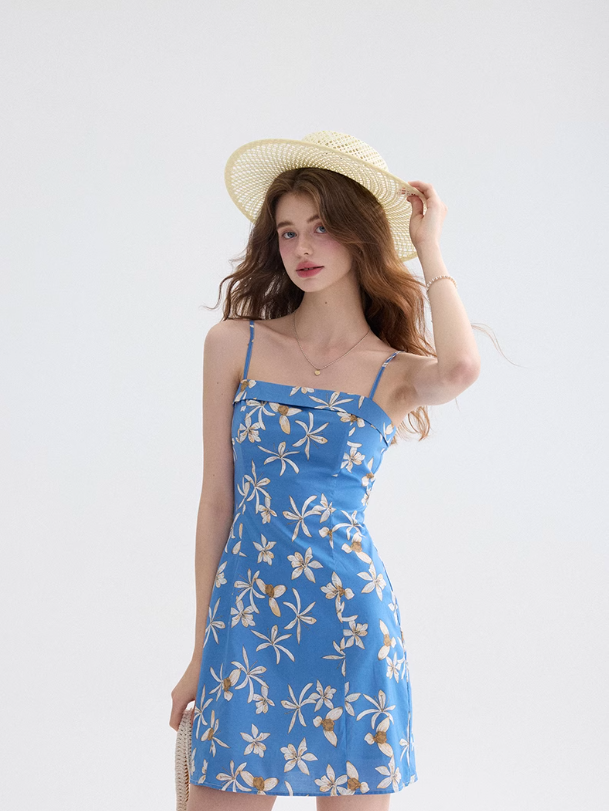 French floral suspender skirt blue dress short skirt summer skirt R2697