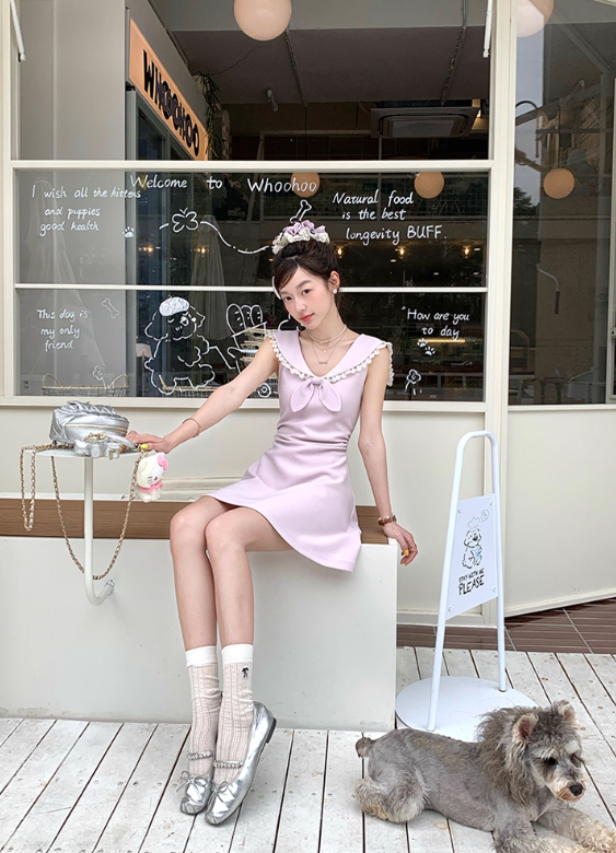 Navy collar bow waist dress summer French fashion temperament skirt R4738