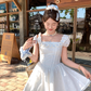 White waist square neck puff sleeves A-line dress women's French retro skirt R4949