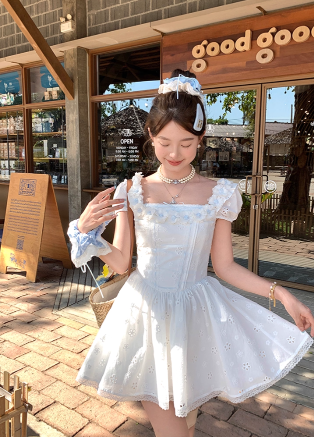 White waist square neck puff sleeves A-line dress women's French retro skirt R4949