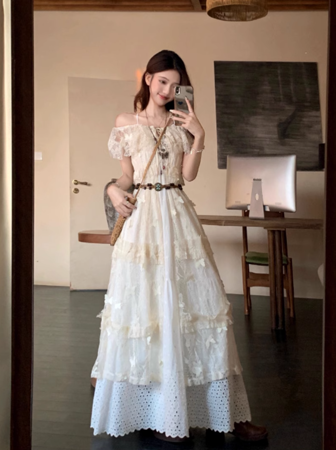 French fairy temperament holiday v-neck suspender dress lace blouse two-piece outfit R1735