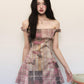 Pink checkered waist slim A-line short skirt homecoming dress R3060