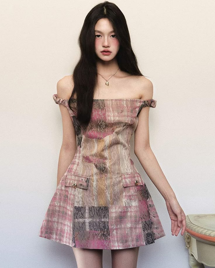 Pink checkered waist slim A-line short skirt homecoming dress R3060