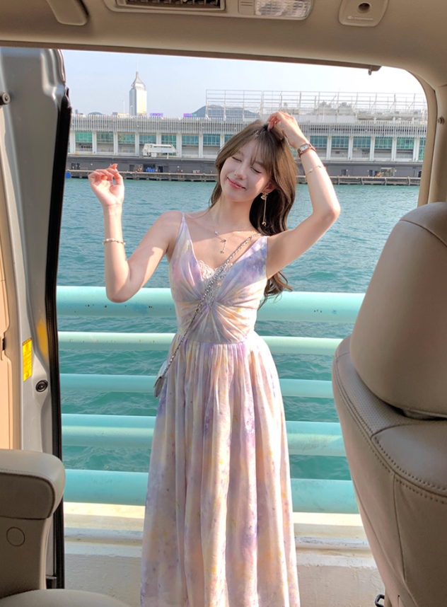 Long V-neck waist suspender dress summer French retro temperament skirt R4950