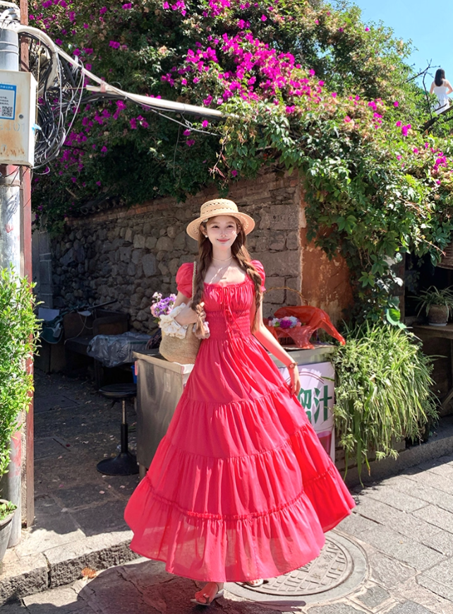 Red long square-neck cinched waist A-line dress, a French retro style dress for women's summer R4786