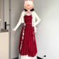 French retro red three-dimensional flower sling dress seaside holiday waist temperament long skirt R0428