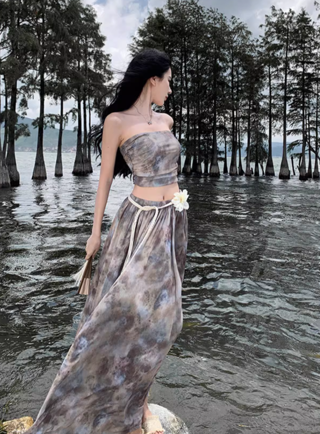 Travel wear tie-dye skirt a-line skirt temperament tube top suit women's two-piece suit R1571