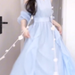 Blue off-shoulder halter neck dress gentle temperament beautiful dress R0741