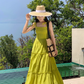 Bohemian holiday long dress elastic square neck slim waist embroidered ruffled suspender dress R0206