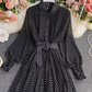 Polka dot chiffon shirt collar dress new style gentle style waist large swing pleated long skirt R0316