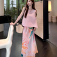 Fashion suit irregular pleats loose cover flesh thin sleeveless vest pleated printed skirt two-piece suit R1729