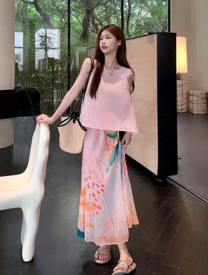 Fashion suit irregular pleats loose cover flesh thin sleeveless vest pleated printed skirt two-piece suit R1729