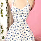 White background blueberry print halter neck sexy waist short skirt homecoming dress R3113