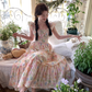 Long square neck small flying sleeve waist printed A-line dress summer French skirt R4905