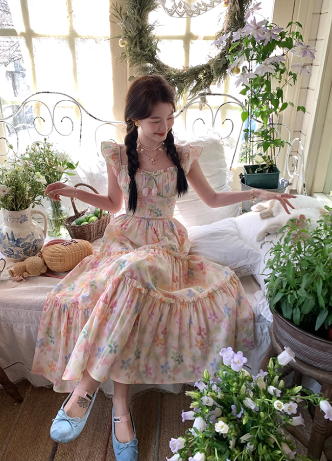 Long square neck small flying sleeve waist printed A-line dress summer French skirt R4905