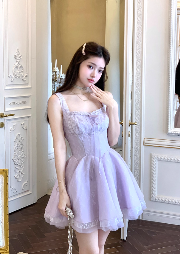 Purple square neck waist A-line suspender dress summer French retro temperament high-end skirt R4625
