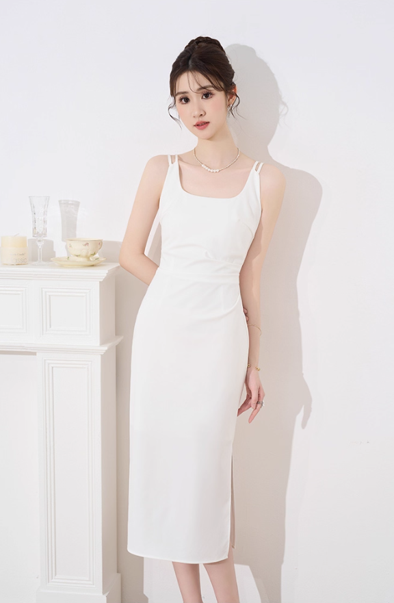 French dress new summer design niche temperament white suspender skirt long slim skirt R4382