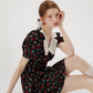 Baby collar floral dress French style black dress petite short dress female summer new style R3561