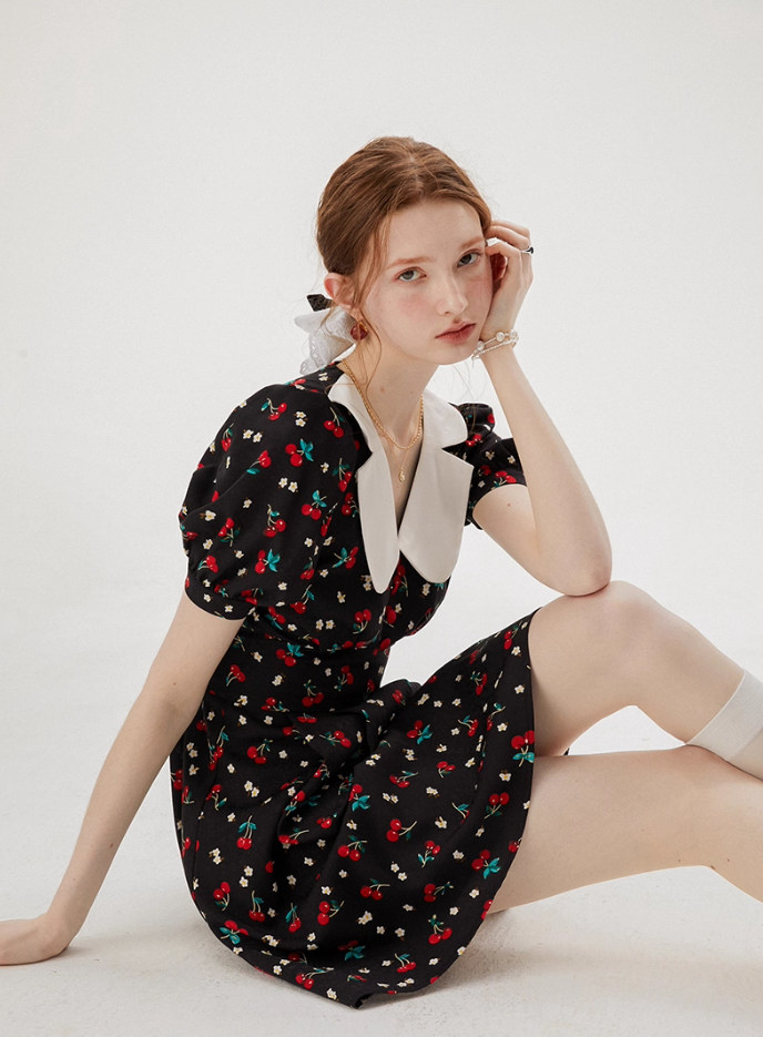 Baby collar floral dress French style black dress petite short dress female summer new style R3561