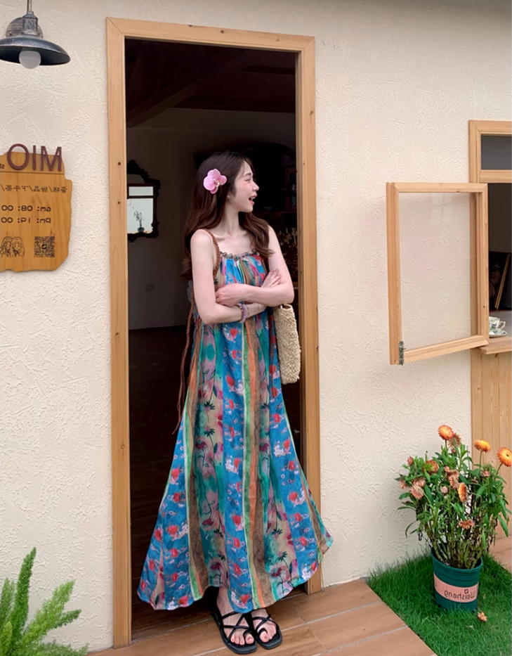 Fairy ethnic style holiday travel wear floral suspender long skirt loose oil painting dress R1750