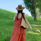 Beach holiday dress travel wear chiffon retro red dress floral loose suspender beach dress R1599