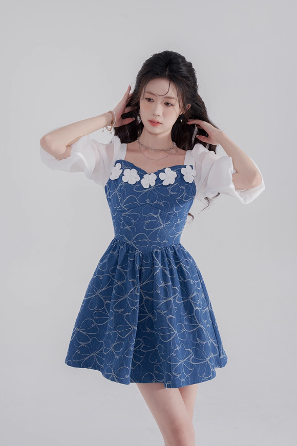 Summer new high waist skirt square neck denim dress design niche temperament sweet short skirt R4142