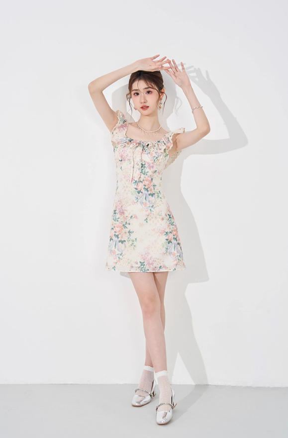 Niche design dress new summer French temperament waist slim sleeveless printed skirt R4297