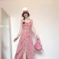 Tea break French pink suspender floral dress seaside vacation unique waist temperament long dress R0422