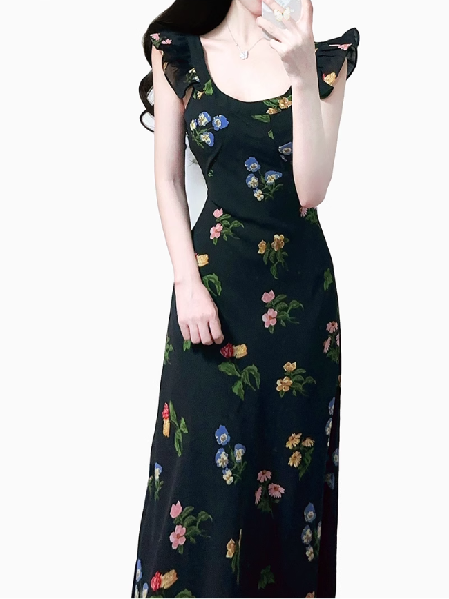 2025 summer new black floral waist slimming small flying sleeves holiday dress R0953