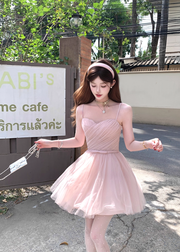 Pink waist chiffon suspender dress for women summer French retro temperament slim skirt R4866