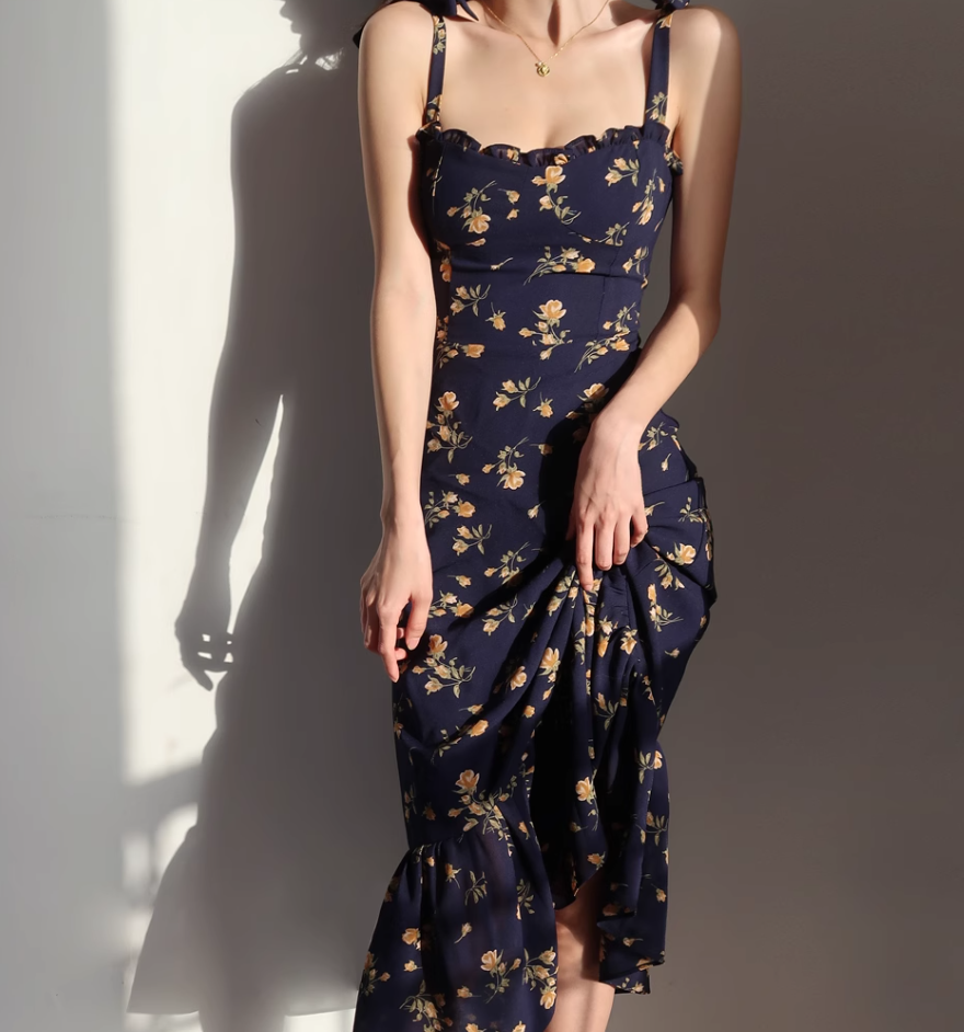 French Slim Sexy Ruffle Edge Floral Dress A-Line Waist Suspender Long Dress R2813