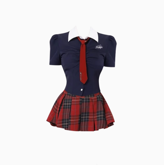 College style short embroidered shirt 2025 sweet and spicy plaid pleated skirt suit R1180