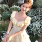 Yellow square neck puff sleeve waist dress summer French retro temperament skirt R4869