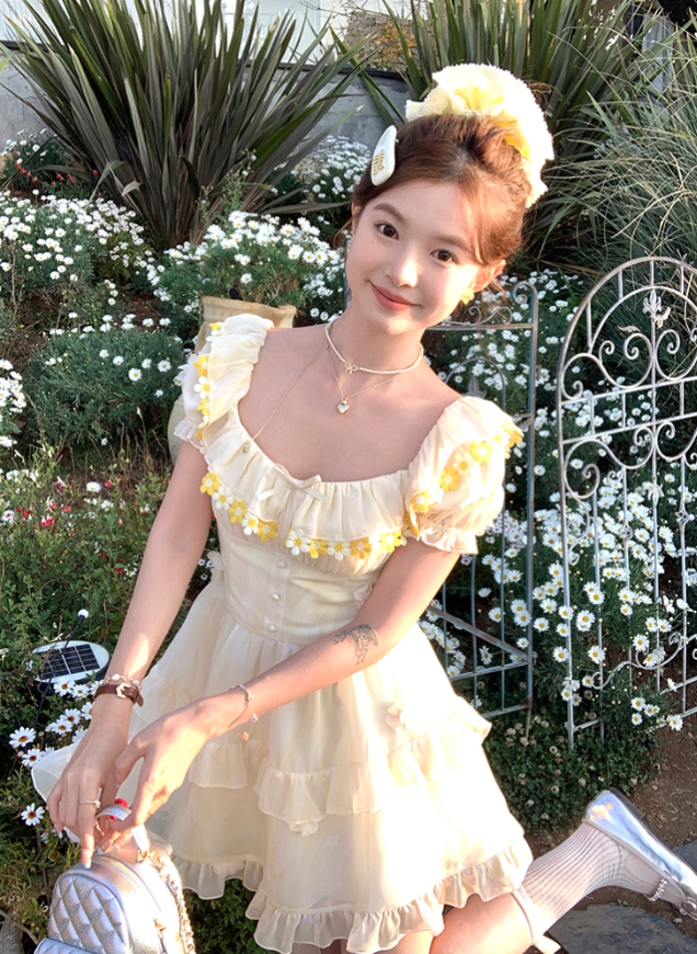 Yellow square neck puff sleeve waist dress summer French retro temperament skirt R4869