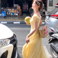 Yellow square neck puff sleeve cake dress summer Korean style age-reducing sweet petite skirt R4665