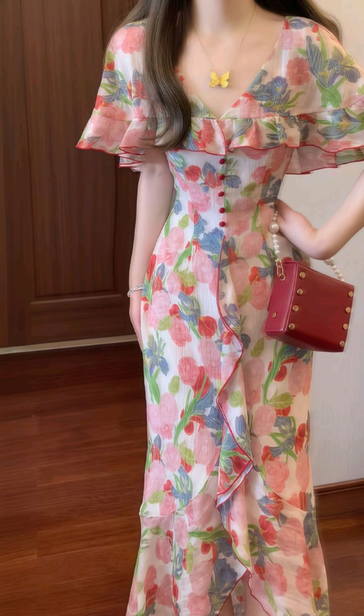 Pink floral shawl waist slim fairy gentle long skirt homecoming dress R4020