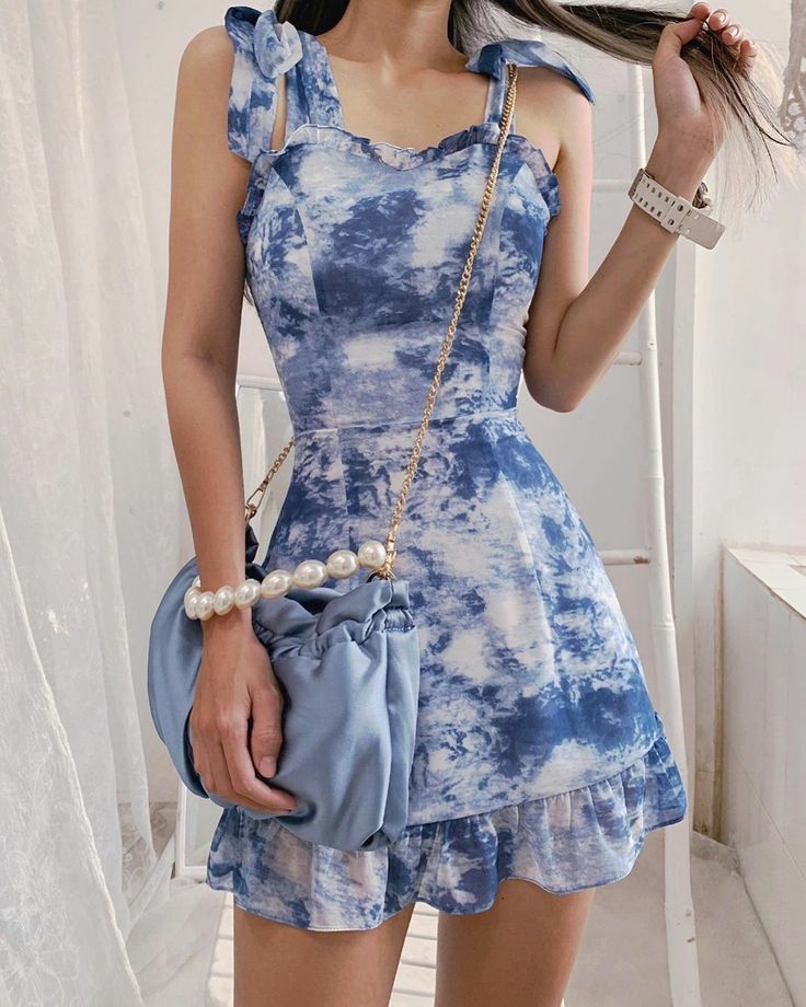Blue tie-dye suspenders waist slim A-line short skirt homecoming dress R3260
