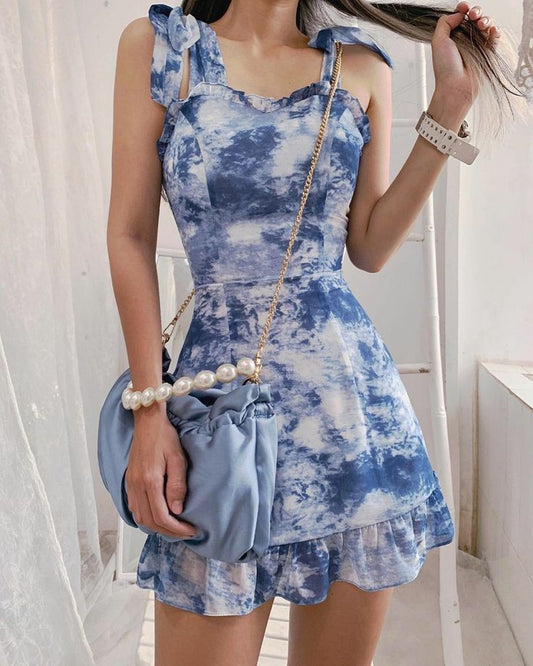 Blue tie-dye suspenders waist slim A-line short skirt homecoming dress R3260